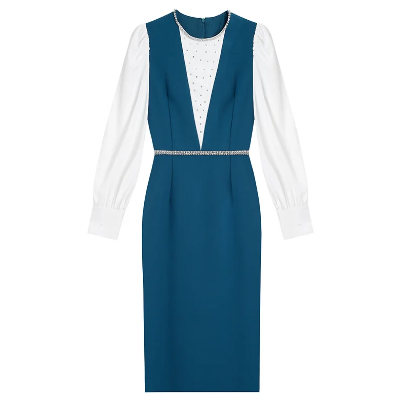 

2023 Fall new french-style dress temperament clashing color patchwork nail drill long sleeve knee-length dress