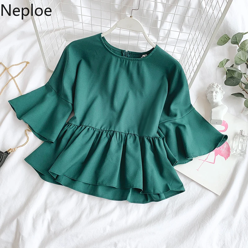 

Neploe Chiffon Blouse Women Summer 2019 Sweet O-Neck Flare Sleeve Blusa Korean Ruffles Solid Ladies Tops 43689