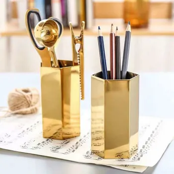 

Nordic Gold Metal Vase Makeup Brushes Storage Organizer Hexagon Pen Holder Storage Tube Container Office Desktop Ornament Craft