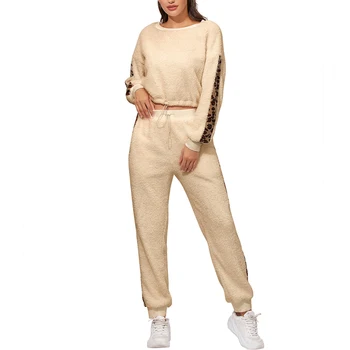 

Women's Sports Tracksuits Plush Tops Jogging Pants Leopard Yoga Suits Sportswear Long Sleeved Two Piece Suits Workout Clothes