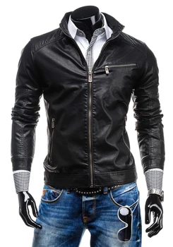 

Stand Men Faux Leather Jacket Black Men Overcoat Slim Motorcycle PU Leather Jacket