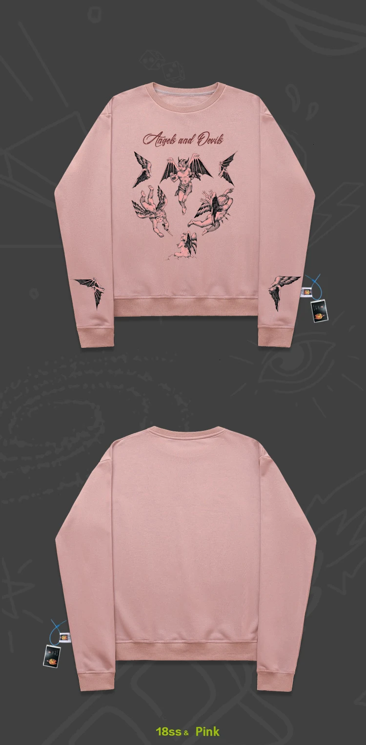 Sweatershirts spoof hophip versatile classic popular Cartoon Print Fun stitching angel with wings retro oversize Unisex coat