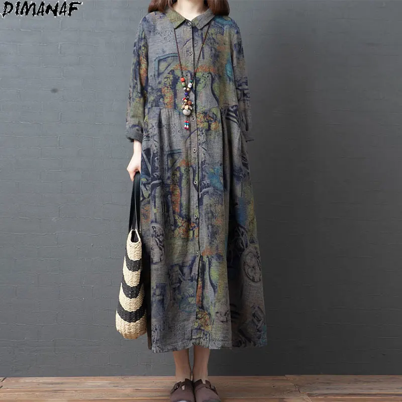 

DIMANAF Plus Size Women Dress Linen Vintage Autumn Buttons Female Pattern Print Long Loose Casual National Retro 2020 Dress