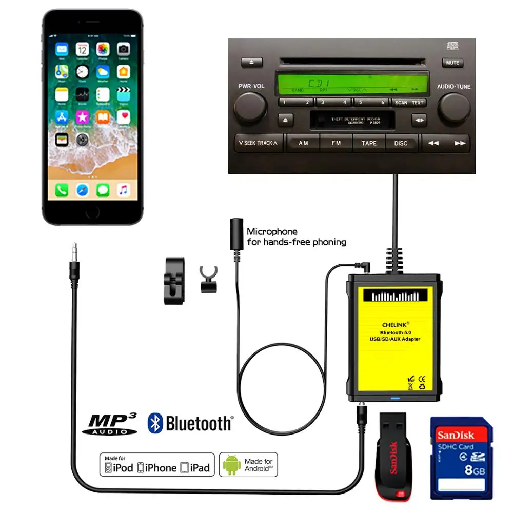 Автомобильный MP3 плеер CHELINK 12 контактный адаптер Bluetooth 5 0 3 мм Интерфейс сменный CD