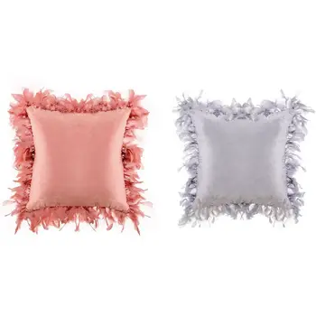 

2 Pcs Throw Pillow Case Plush Furry Cushion Cover Feather Velvet Furry Pillow for Room Sofa Decor 45X45cm Red & Gray
