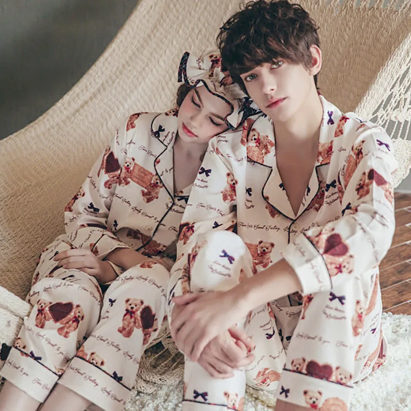 

Lover pajama female summer autumn two sets of long sleeve cute bear casual pure cotton Korean men's home suit thin