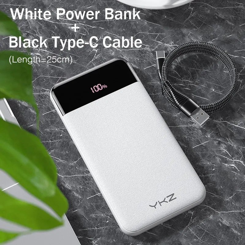 White with Cable YKZ QC 3,0 внешний аккумулятор 10000 мАч светодиодный портативный аккумулятор PD Быстрая зарядка 12 В внешний аккумулятор для iPhone Xiaomi Mi с USB - Цвет: White with Cable