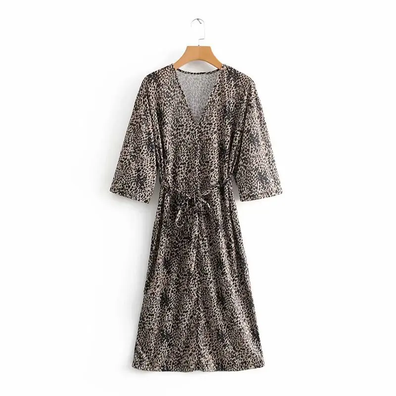 

Western Style 2018 Autumn New Style Versitile Fashion Leopord Pattern Printed with Belt Dress Medium-length Dress Women's