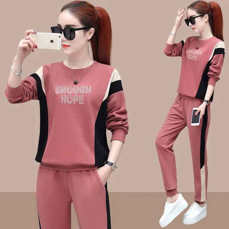 

Spring Autumn New Sports Two Piece Set Korean Large Size Loose Casual Long Sleeved T-shirt and Trousers Women 2 Piece Set