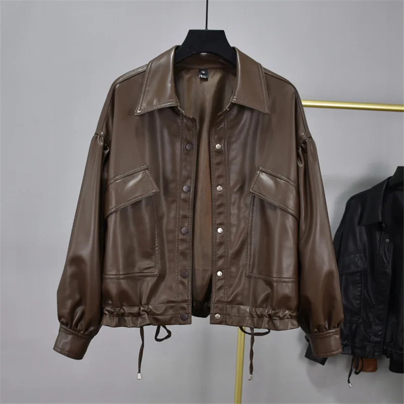 

Fashion Black Leather Jacket Women 2023 Autumn New Loose Long Sleeve Hem Drawstring Water Wash Leather Coat Female Trend H1936