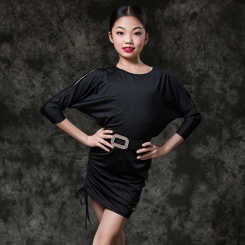 

Fashion Latin Dance Dress Girls Tango Cha Cha Samba Rumba Salsa Performance Clothing Black Ballroom Practice Dresses DC4593
