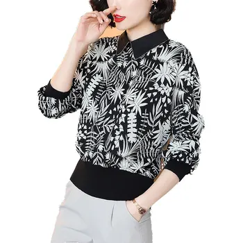 

Women's Spring High Street Fashion Turn Down Collar Printed Elastic Blouse Shirt Female Casual Elegant Plus Size Office Shirt