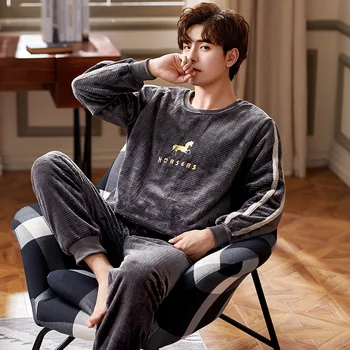 

Coral Velvet Men's Autumn And Winter Long-Sleeved Plus Velvet Thick Warmth Round Neck Comfortable Home Wear