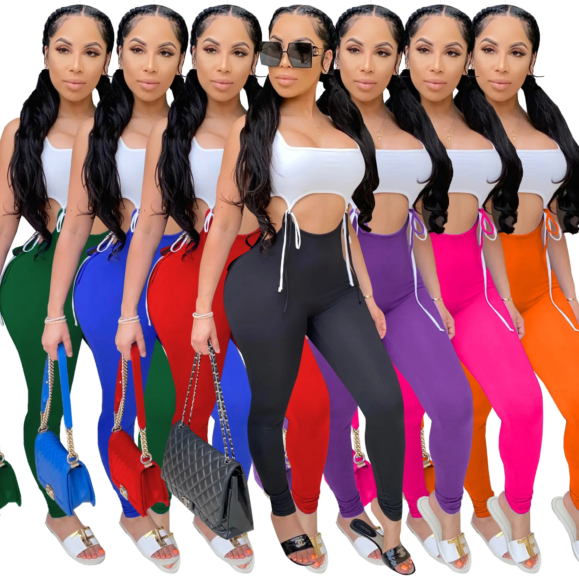 Hollow Out Patchwork Jumpsuit Rompers Trousers 2021 New Sexy Women Sleeveless Bodycon Jumpsuit Summer Sports Long Pants Jumpsuit sweet style love embroidered sports pants women girl spring autumn high waist loose thin hip hop comfortable trousers 2021 new