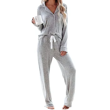 

Spring Autumn Casual Comfortable Knitted Sleepwear Female Home Service Pajamas Sets European Long-sleeved Pajamas Set