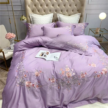 

Luxury Purple Exquisite Flowers Embroidery 600TC Egyptian Cotton Soft Duvet Cover Bed Linen Fitted Sheet Pillowcases Bedding Set