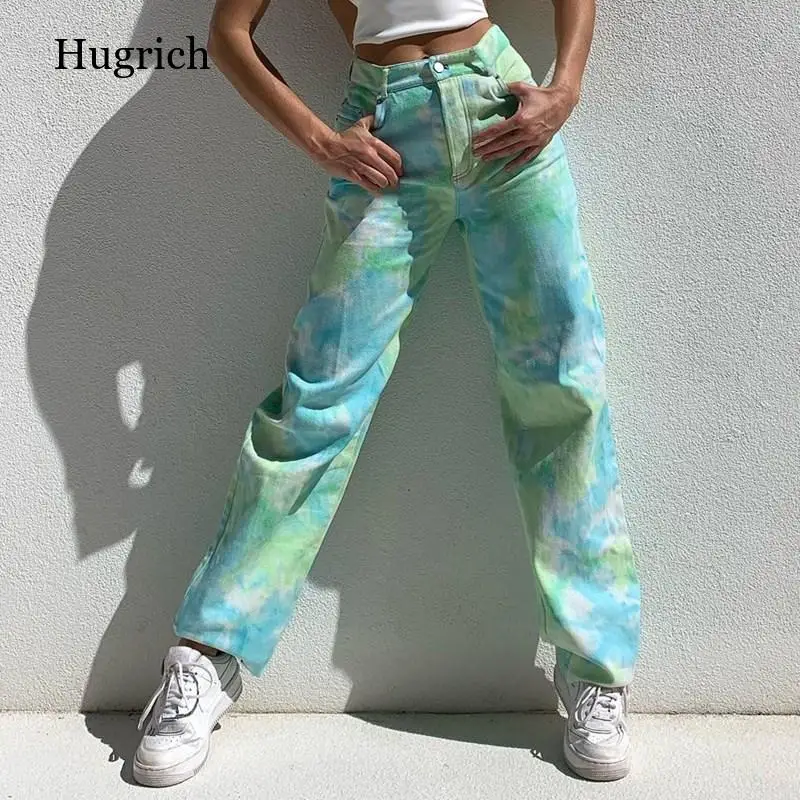 

Women's Jeans Fashion Random Tie-Dye Printed Green Straight Pants High Waist Casual Wild Fitting Denim Trousers with Pocket