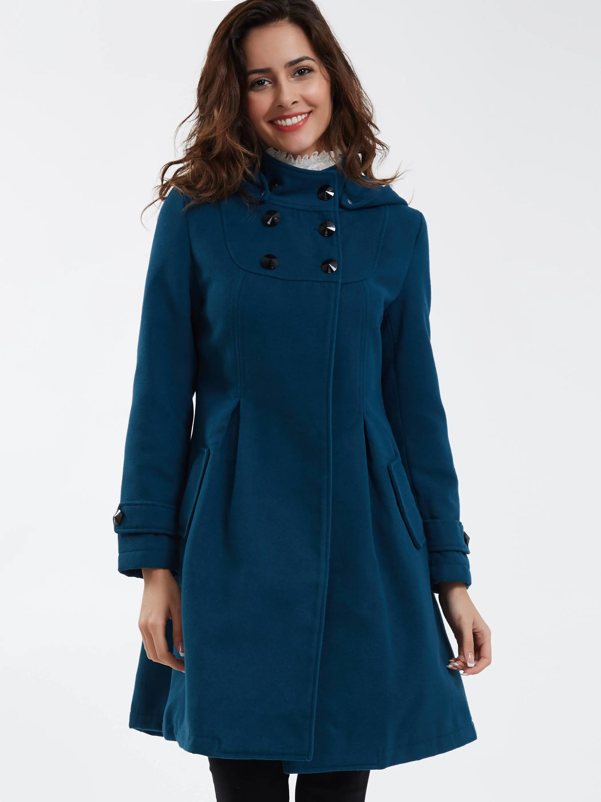Women Coats Casual Vintage Elegant Winter Black Office Lady Plus Size Slim Hooded Button Green Female Fashion Retro Overcoats