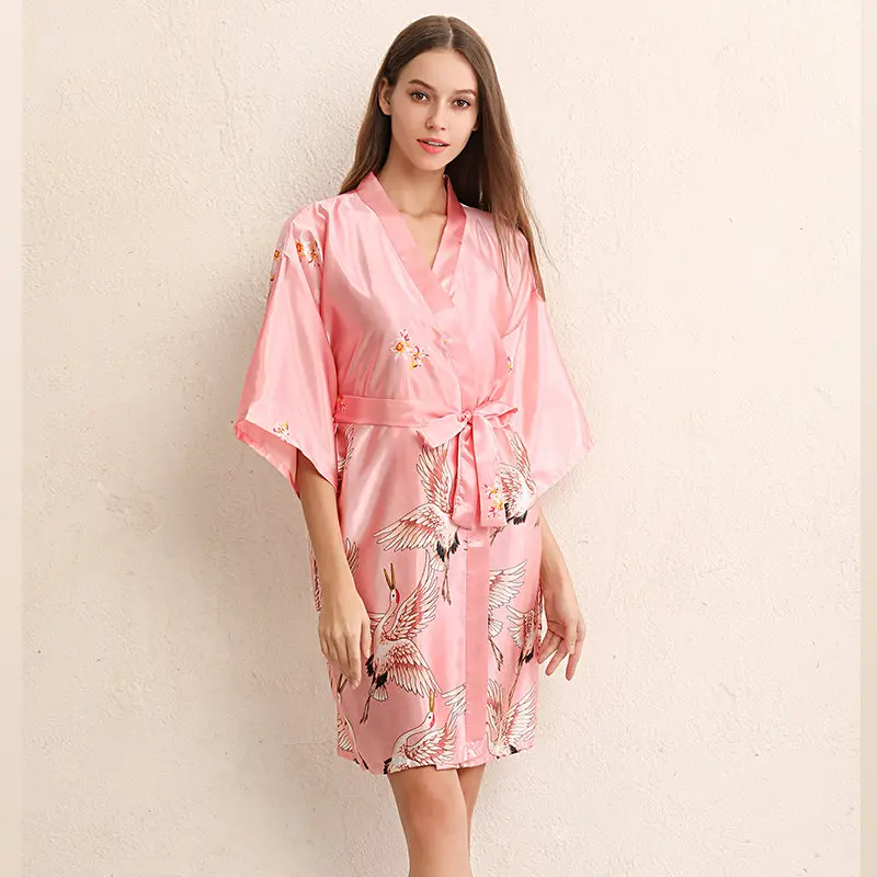 Birds Print Sexy Large Size Sexy Satin Night Robe Lace Bathrobe Perfect Wedding Bride Bridesmaid Robes Dressing Gown Hotel Spa