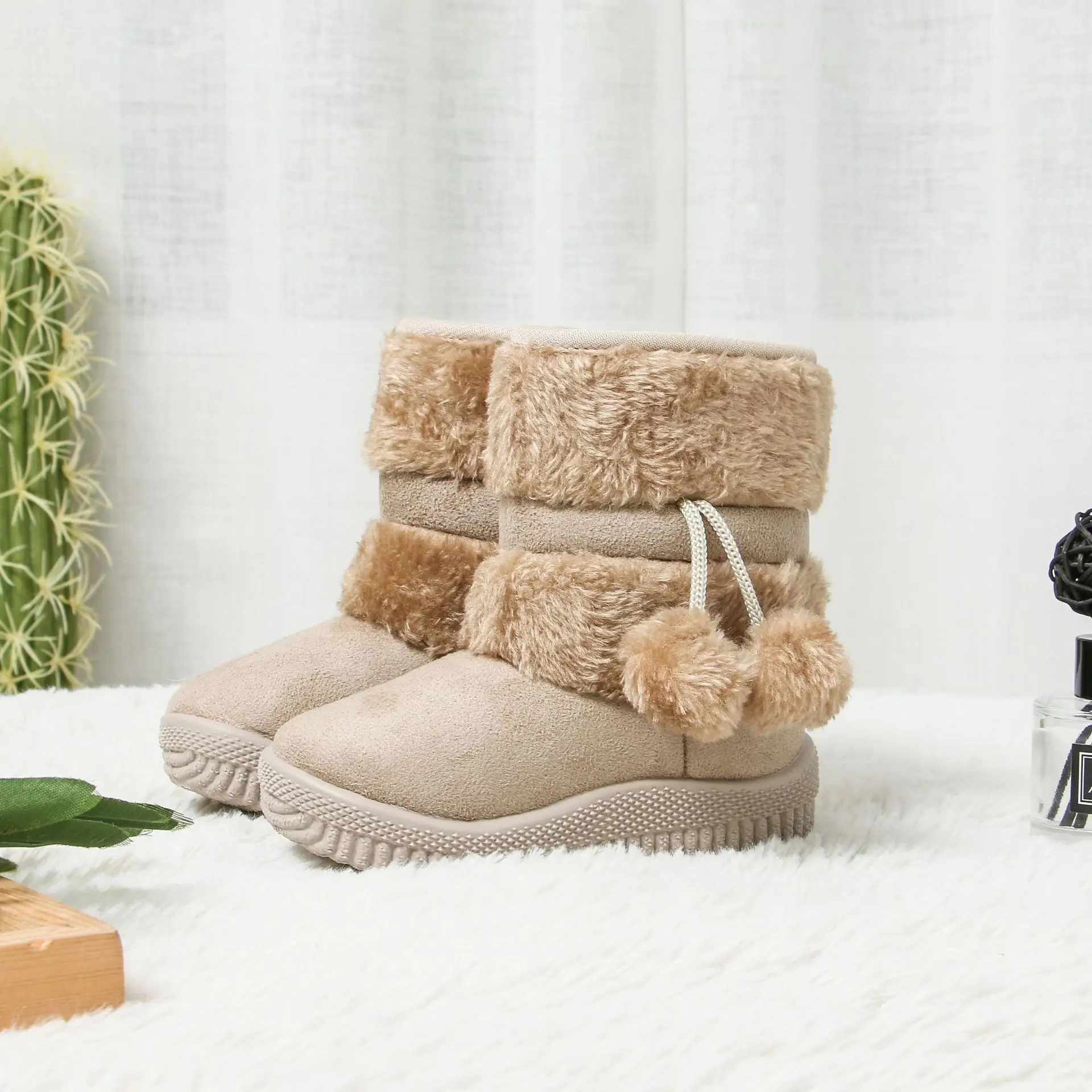 Children's Boots Warm Solid Girls Snow Boot Boys Girls Kids Rubber Boots Children Shoes Non-slip Girl Boots Winter Size 21-35 - Цвет: Beige