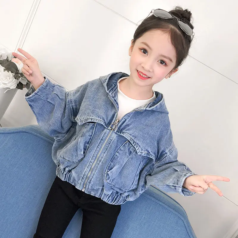 Повседневная джинсовая куртка для девочек с рукавами летучая мышь осенняя
