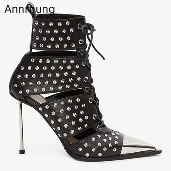 

Luxury Rhinestone Cut Outs Ankle Boots Women Spring Autumn Genuine Leather Metal Thin Heel Pointed Toe Cross-tied Women Booties