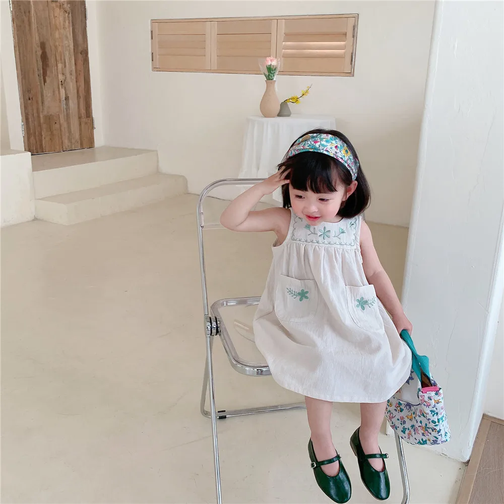 2022 Summer Korean Girls' Vest Skirt Thin Foreign Style Washed Cotton Dress Children'S Embroidered Skirt Baby Girl baby boy dress