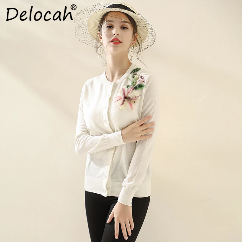 

Delocah Fashion Runway Autumn Knitting Wool Shirt Women's Long Sleeve Appliques Sequined Elegant Casual White Cardigans Blouse