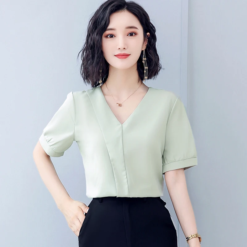 Korean Chiffon Women Blouses Women Solid V-neck Shirt Tops Blusas Mujer De Moda 2020 Woman White Blouse Woman Tops Plus Size XL