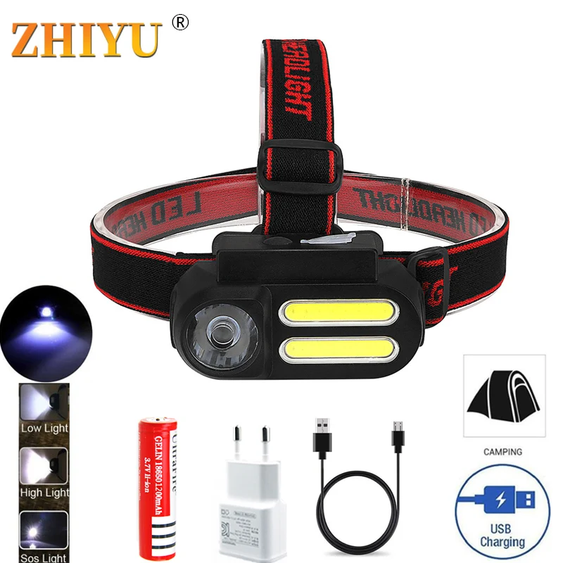 

Mini Portable LED Headlamp XPE+2* COB HeadLight 4 Modes Work Headlight USB Rechargeable 18650 Lighting HeadLamp Best for Camping