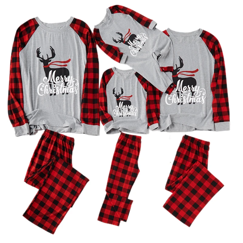

Matching Family Christmas Pajamas, Cute Santas Deer Print Raglan Long Sleeve Top + Plaid Pants Set Sleepwear