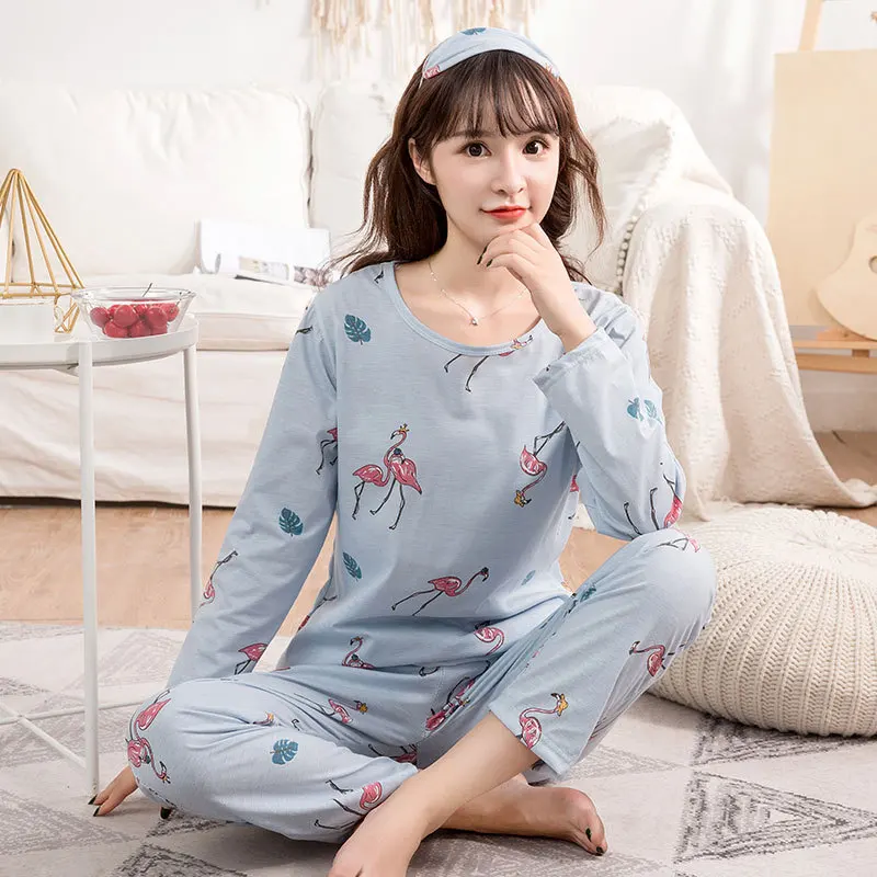 

Three-piece Set Pajamas Women Long Sleeve High Quality Cotton Spring And Autumn Thin Send Eye Patch Cartoon Flamingo Less Women'
