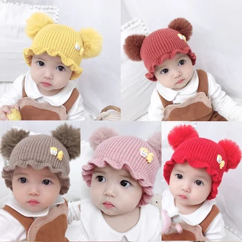 

Toddler Girls Boys Winter Hats Baby Infant Winter Keep Warm Hat Double Fur Ball Crochet Knit Hat Children Kids Beanie Cap