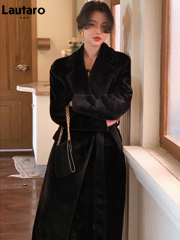 Lautaro Winter Oversized Long Black Soft Faux Fur Trench Coat for Women Long Sleeve Sashes Casual Stylish Korean Fashion 2021 3