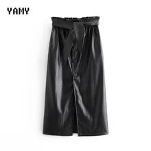 Женская юбка миди из искусственной кожи с завязками и высокой талией, прямая юбка из искусственной кожи, Женская Зимняя юбка с флоком zora