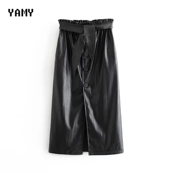 

PU Leather Womens Drawstring Midi Skirt High Waist Bottons Faux Leather Straight Skirt Faldas Womens zora Flocking Winter Skirt