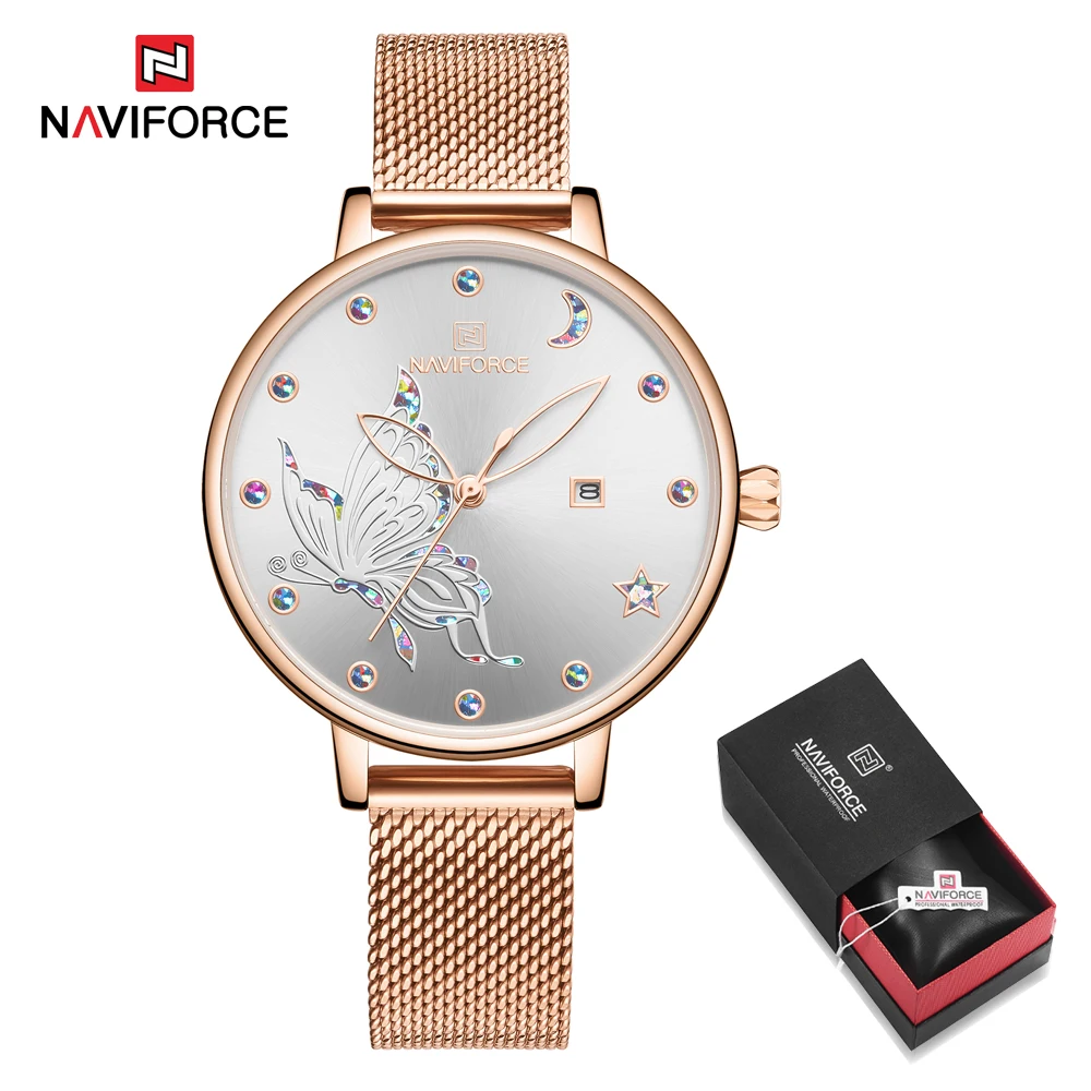 NAVIFORCE дизайн красивые часы с бабочками Дата кварцевые часы Женская мода браслет наручные часы женские часы подарок - Цвет: RoseGold White Box