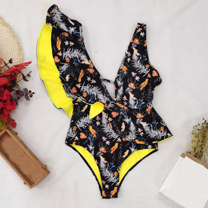 2021 New Sexy Ruffle Printed One-Piece Swimsuit Female Floral Solid One-Shoulder Swimwear Backless Deep-V  Beachwear Sleeveless Bikini Sethigh waisted bikini set