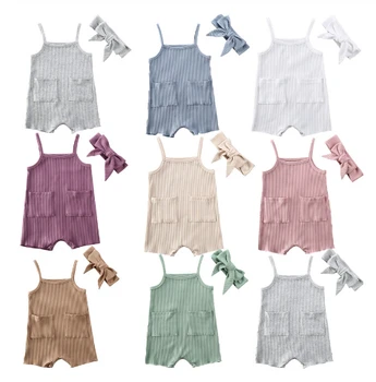 

0-24M Newborn Infant Baby Girl Clothes Strap Sleeveless Solid Romper Jumpsuit Overalls +Headband