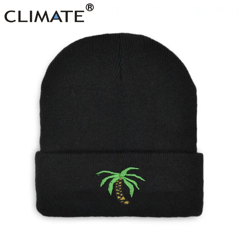 Black CLIMATE Coconut Tree Beanie Men Women Winter Hat Beanies Warm Black Hat Beach Seaside Cool Knitted Beanie Hat for Men Women - Цвет: Black