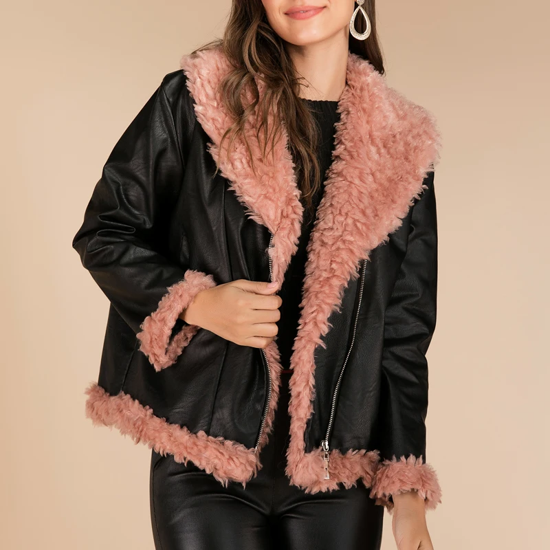 Новинка, модные женские осенние зимние черные Куртки из искусственной кожи, базовое пальто на молнии с меховым воротником, уличная байкерская куртка XXL