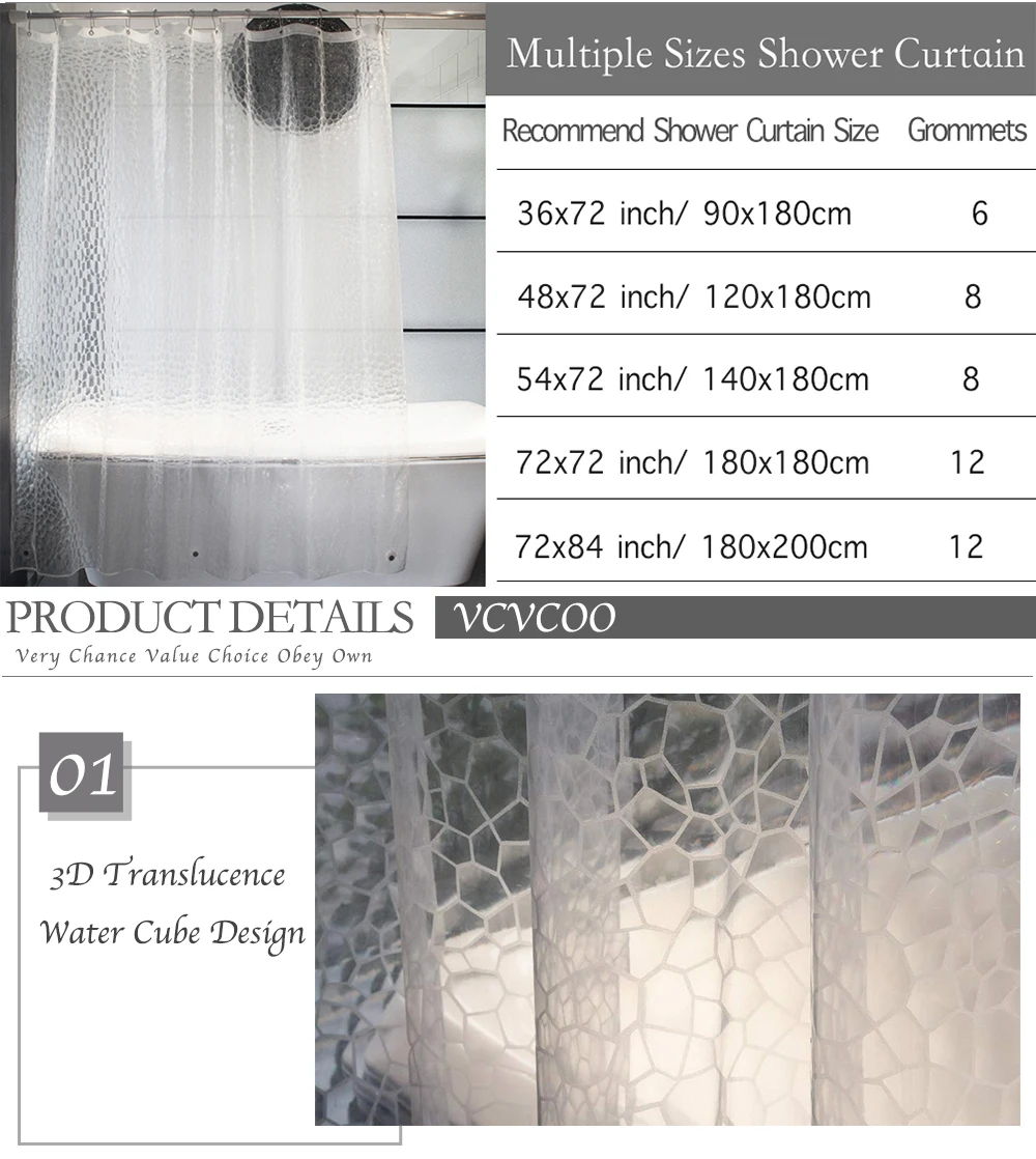 VCVCOO Clear Shower Curtain or Liner EVA Moldproof Waterproof 3D Thickened Shower Liner Plastic Bath Curtain for Bathroom