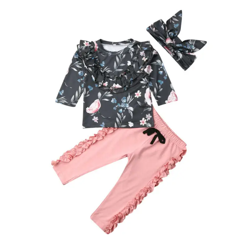 

Baby Girl Clothes 2019 Toddler Newborn Baby Girls Ruffles Flower Tops +Wooden Ear Pants Headband Autumn Girl Clothes