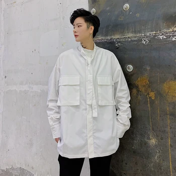 

New Male Streetstyle Fashion Retro Dress Shirts Men Stand Collar Tie Long Sleeve Casual Shirt