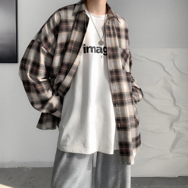 Spring And Autumn Plaid Shirt Men's Fashion Retro Casual Shirt Men Streetwear Korean Loose Long-sleeved Shirts Mens M-XL