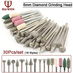 Fraises de coupe revêtues de diamant, diamètre 6mm, 30 pièces, affûteuse de tronçonneuse, lime en Jade, outils de meulage pour tige Dremel 3MM 