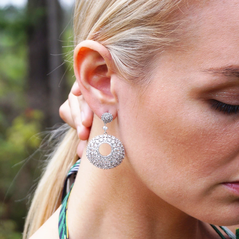 Luxury Beautiful Dangle Earring for Women Anniversary Gift Female Good quality AAA crystal Big Round Pendant Earrings