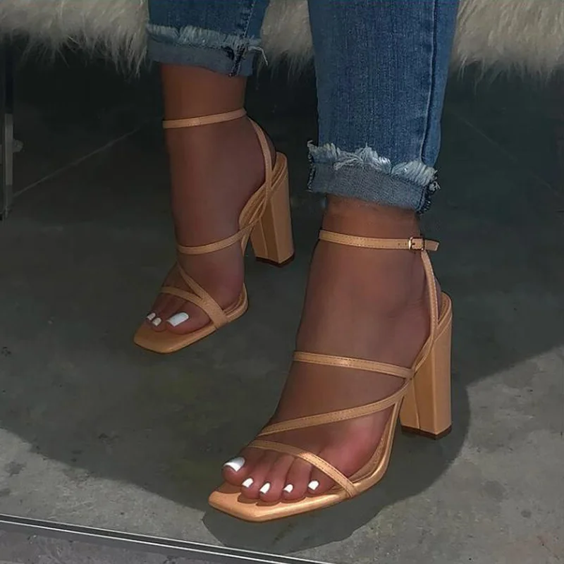 Womens High Heels Woman Sandals Plus Size 2021 Summer Women Narrow Band Buckle Pumps Ladies Square Toe Footwear Female Shoes