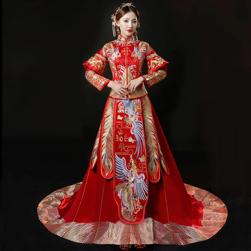 

Red Chinese Wedding Bride Cheongsam Traditional Style marry Evening Dress Embroidery Long Qipao Womens and Mens Size S - XXL