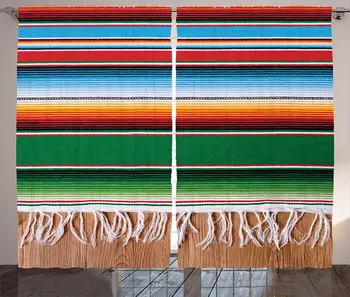 

Mexican Curtains Colorful Boho Serape Pattern with Horizontal Stripes and Lines Cultures Picture Living Room Bedroom Window Drap